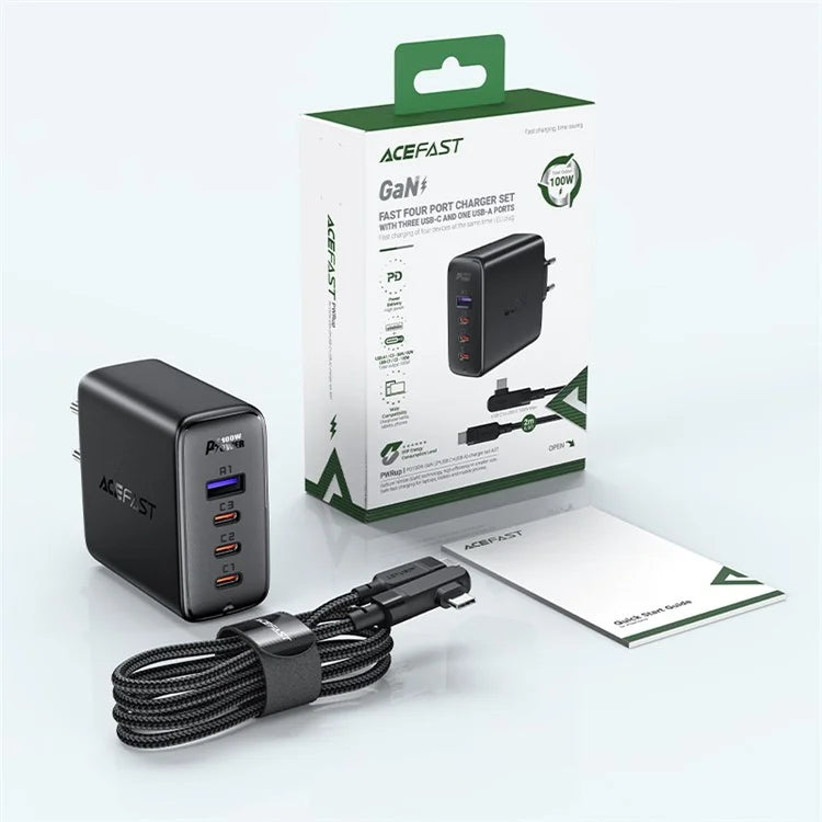 ACEFAST A37 PD 100W GaN Wall Charger 3 Type-C + 1 USB-A Charging Adapter with Type-C to Type-C Cable, EU Plug