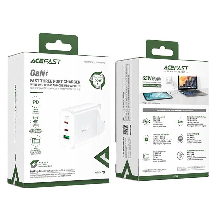 ACEFAST A44 PD 65W Wall Charger 2 Type-C + 1 USB-A GaN Phone Charging Adapter, UK Plug