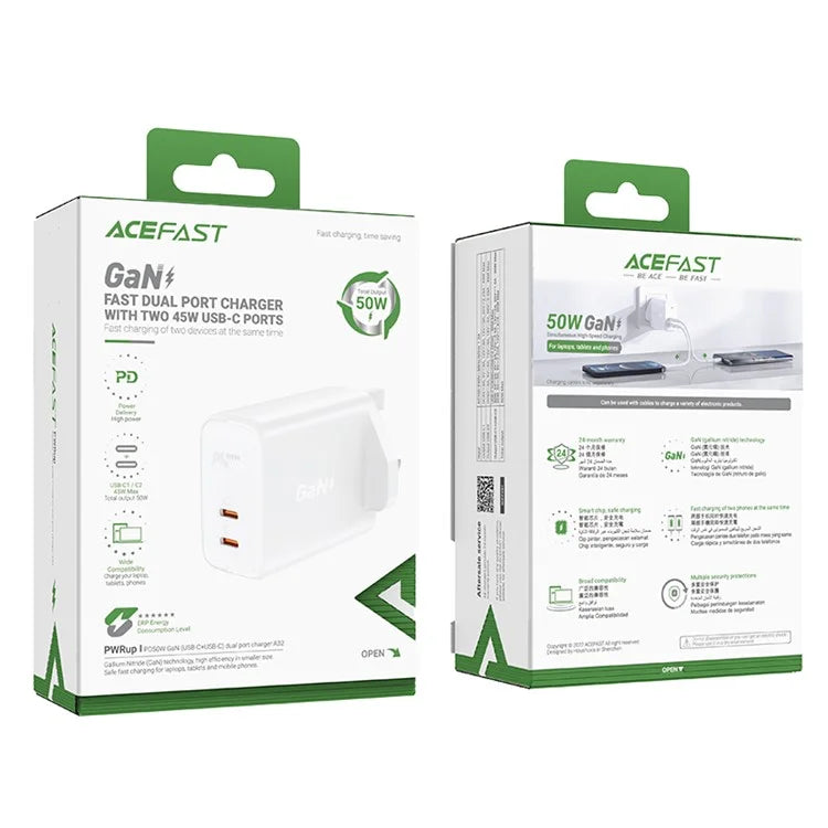 ACEFAST A32 PD 50W Fast Charging Block Dual Type-C Port GaN Wall Charger, UK Plug
