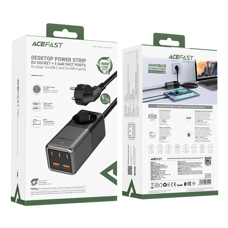 ACEFAST Z2 GaN Tech PD 75W Charger 2 USB + 3 Type-C Ports Wall Charger Block Laptop Adapter