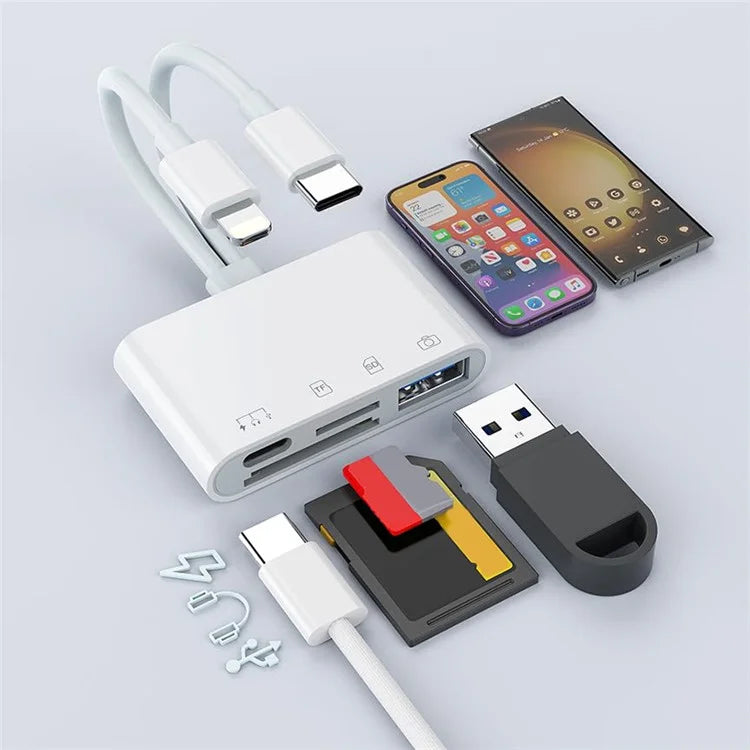 NK-104pro USB-C / 8-pin SD TF Card Reader 4-in-2 Camera Memory Card Reader SD+TF+USB OTG+USB-C Charging Adapter