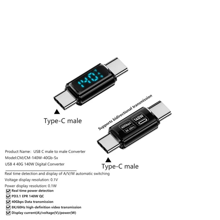 Type-C Male to Male 40Gbps PD 140W Digital Display Charging Data Transmission Adapter
