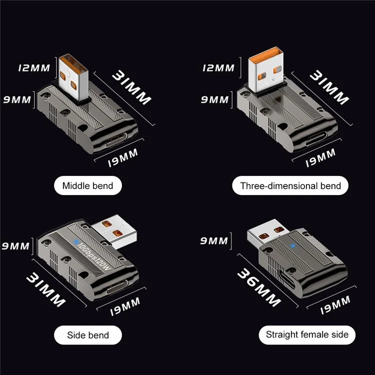USB 3.1 Gen2 to Type-C Converter 10Gbps Middle Elbow Adapter Support 120W Fast Charging
