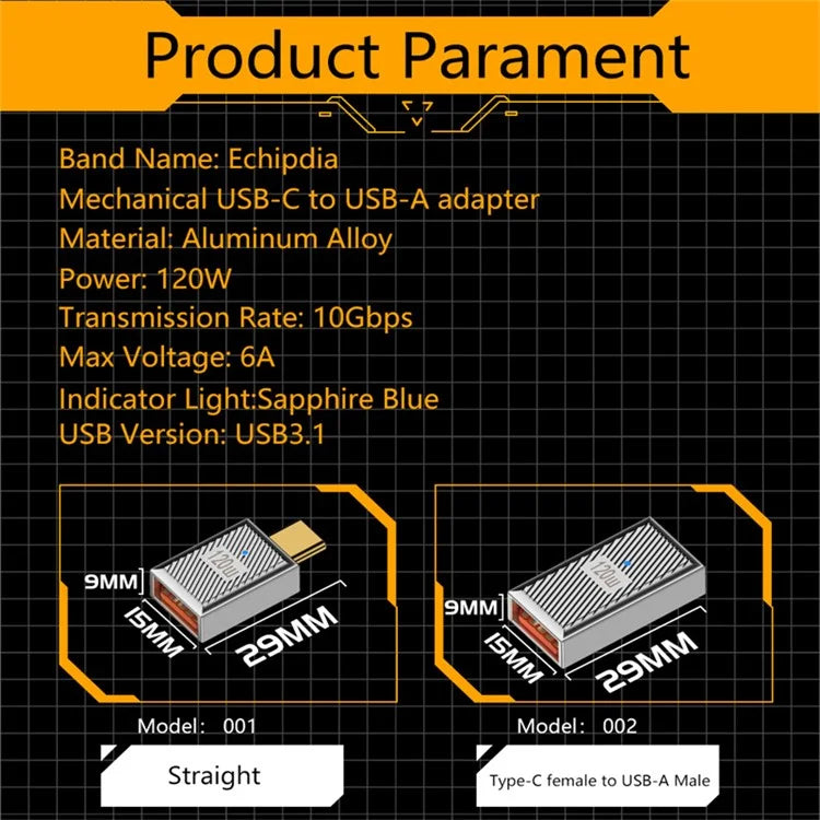 120W 10Gbps Mini Converter USB-A 3.1 Female to Type-C Male Straight OTG Adapter