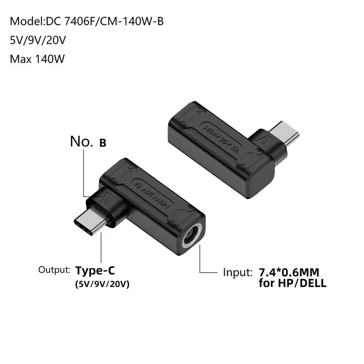 7.4x0.6mm DC Female to Type-C Male 5V / 9V / 20V 140W Power Adapter Charging Converter
