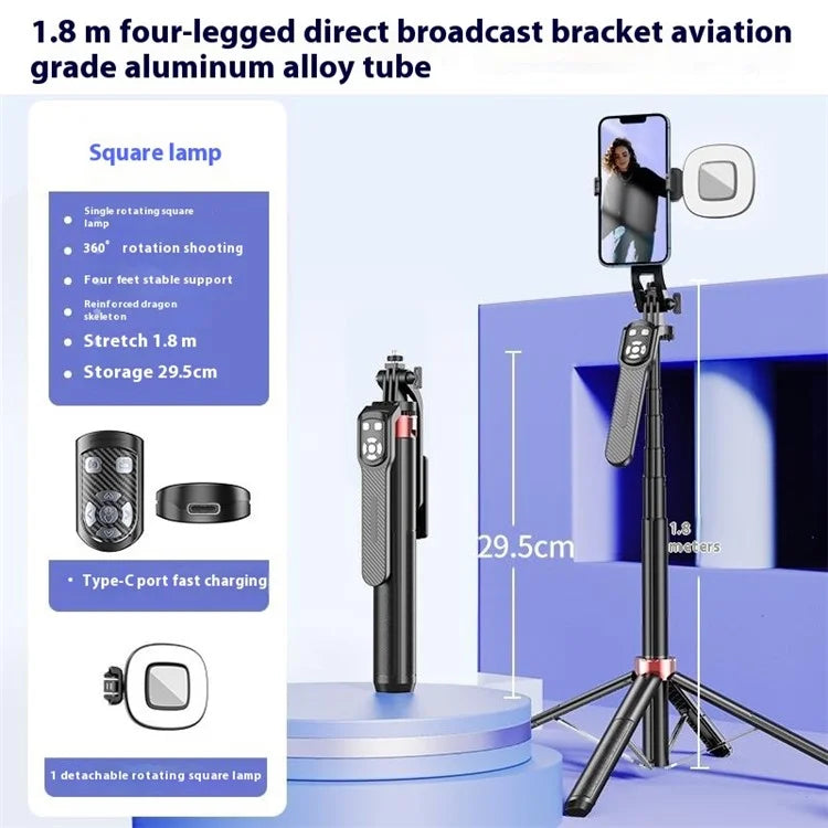 P185TK+F1 Extendable Four-Leg Floor Stand Phone Holder Bluetooth Selfie Stick with 1 Square Fill Light