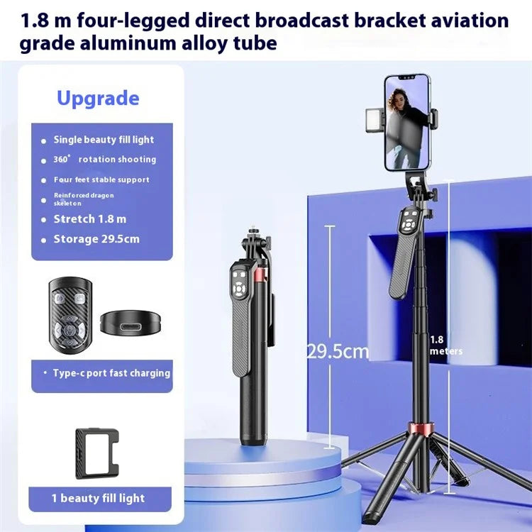 P185TK-V1 Extendable Phone Holder Four-Leg Floor Stand Live Streaming Bluetooth Selfie Stick with 1 Fill Light