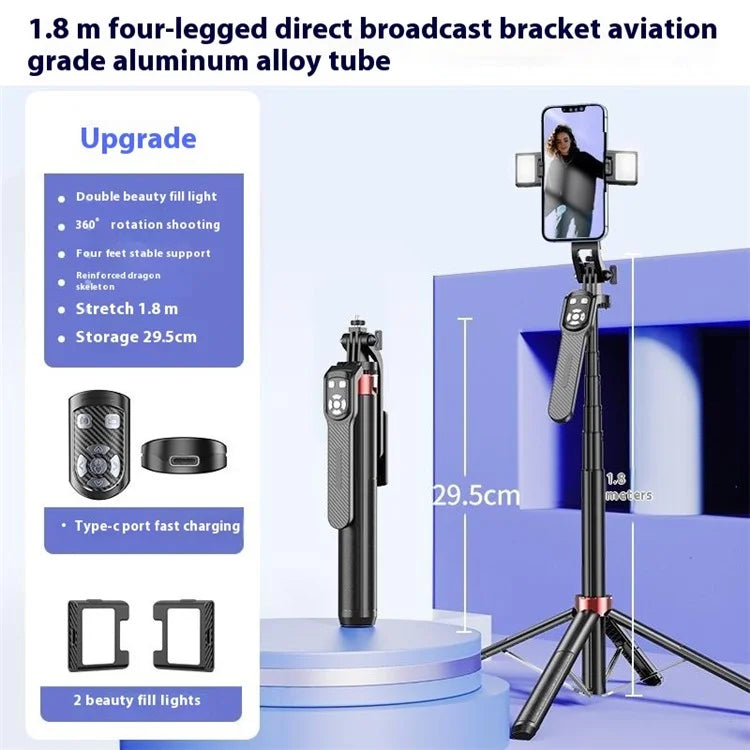 P185TK-V2 Extendable Phone Holder Four-Leg Floor Stand Bluetooth Selfie Stick with 2 Fill Lights
