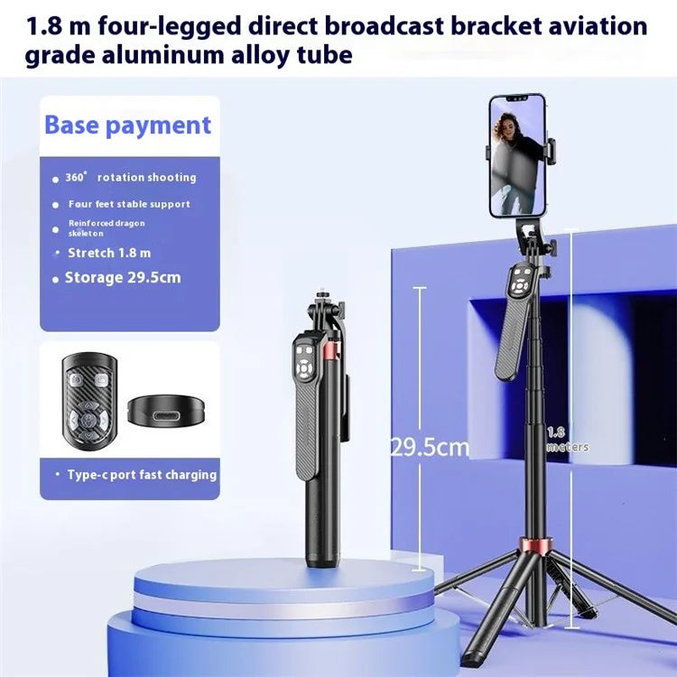 P185TK Phone Holder Live Streaming Four-Leg Floor Stand Extendable Bluetooth Selfie Stick