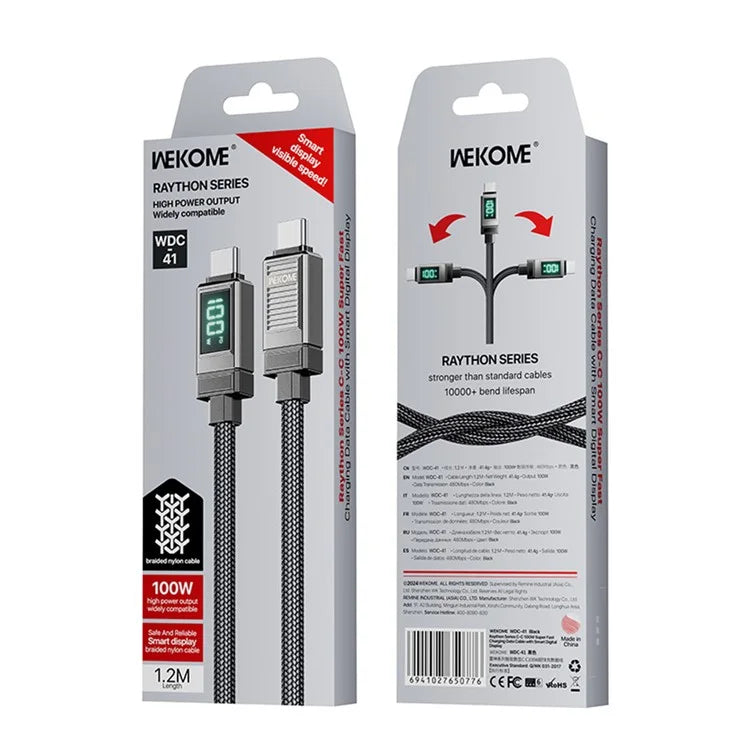 WEKOME WDC-41 Raython Series Type-C to Type-C 100W Super Fast Charging Data Cable with Smart Digital Display