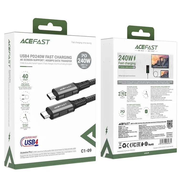 ACEFAST C1-09 1m PD 240W USB C to USB C Cable 40Gbps Data Transfer Cord with Audio / Video Support
