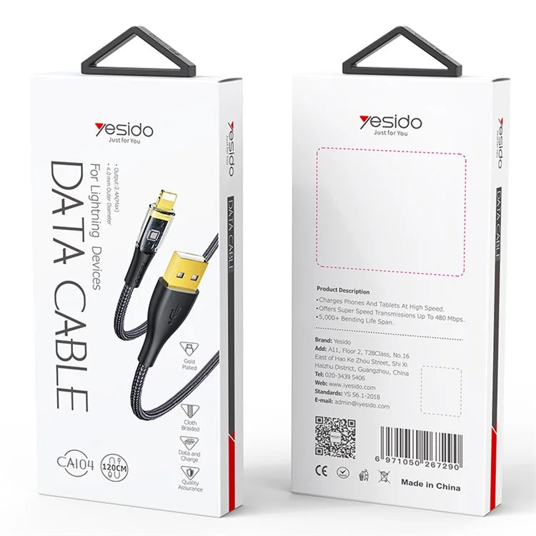 YESIDO CA104 3A Type-C Charging Cable Gold Plated Visible Nylon Braid Data Cable
