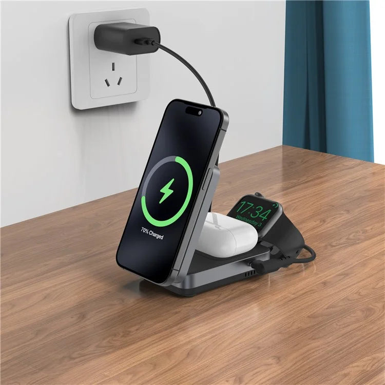 YF-M27 Qi2 Certified 3-in-1 15W Magnetic Wireless Charger with Aluminum Alloy Frame for Earbuds / Apple Watch / iPhone
