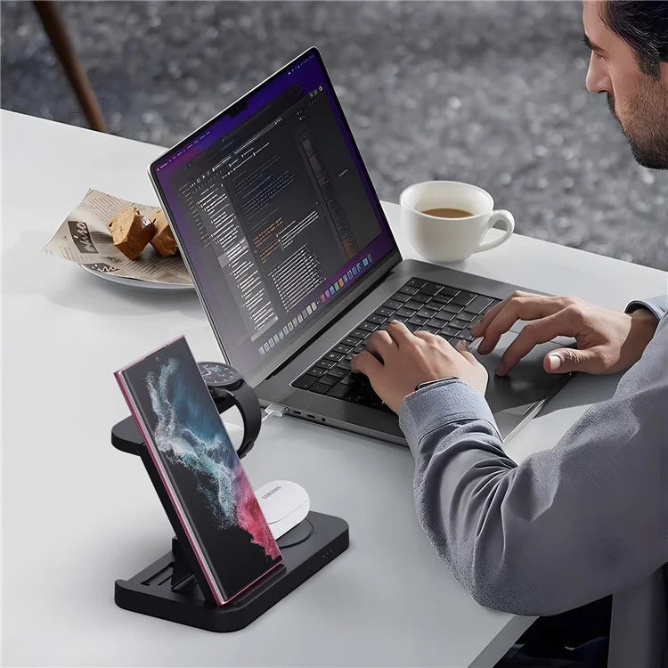 B-18C 3 in 1 Wireless Charger 15W Fast Charging Station Charger Stand for Samsung Galaxy / Watch / Buds