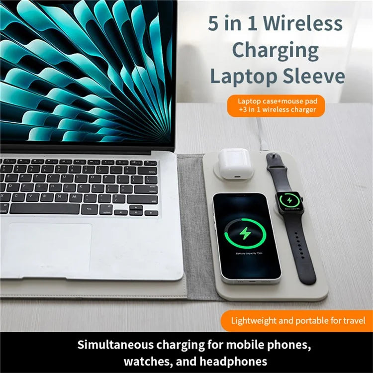 FLD-F8 5-in-1 Notebook Bag Tablet Laptop Sleeve Bag Mouse Pad Wireless Charger