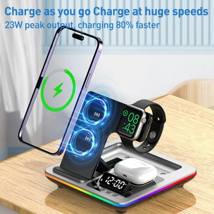 A93 15W 5-in-1 Multi-Function Folding Wireless Charger Cell Phone Charging Station with Clock for Headset Smart Watch