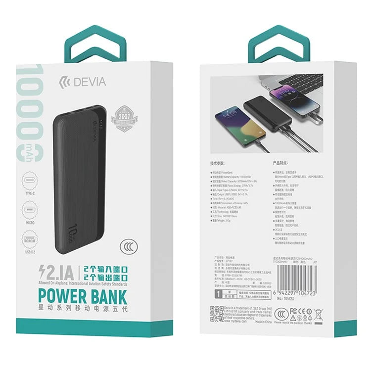 DEVIA 10000mAh Power Bank Battery Pack Portable Phone Charger