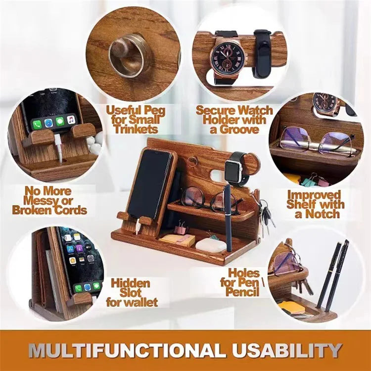 00659 Solid Wooden Phone Stand Multi-Functional Bedside Organizer