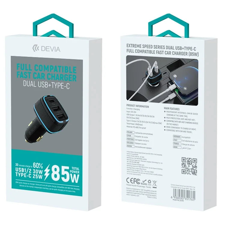 DEVIA Extreme Speed Series EA191 Cigarette Lighter Fast Charger Dual USB+Type-C 85W Car Phone Charger