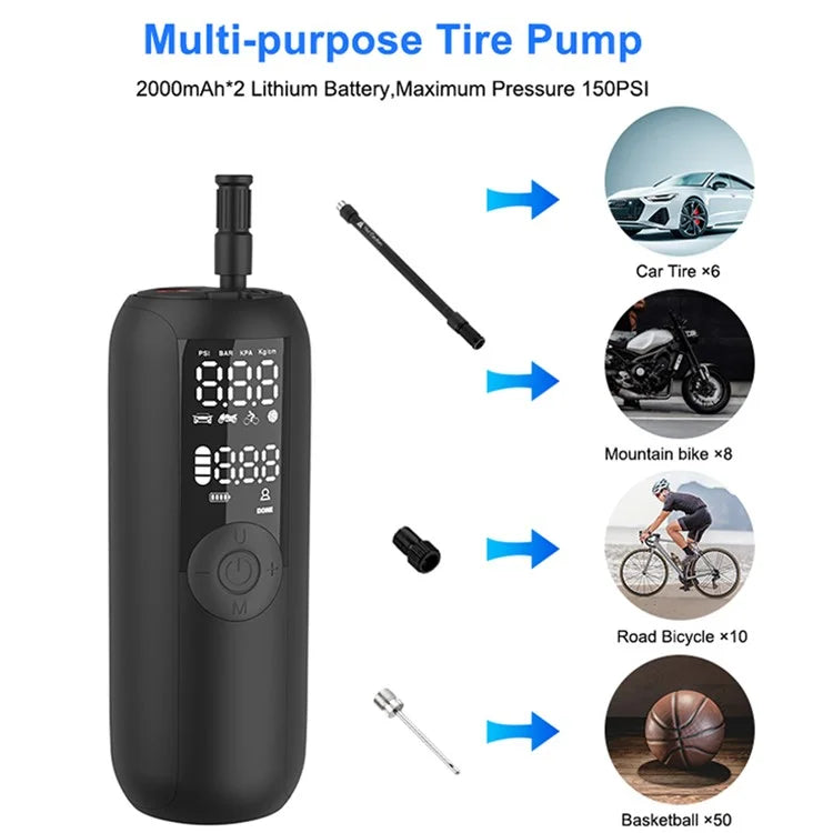 LP1 Outdoor Portable Smart Tire Pump with LED Light, Car Bike Mini Inflator