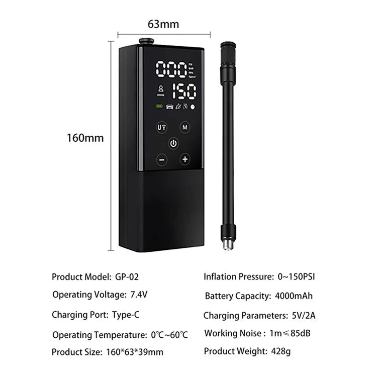 GP2 Portable Digital Touch Screen Air Pump Mini Tire Inflator with LED Light