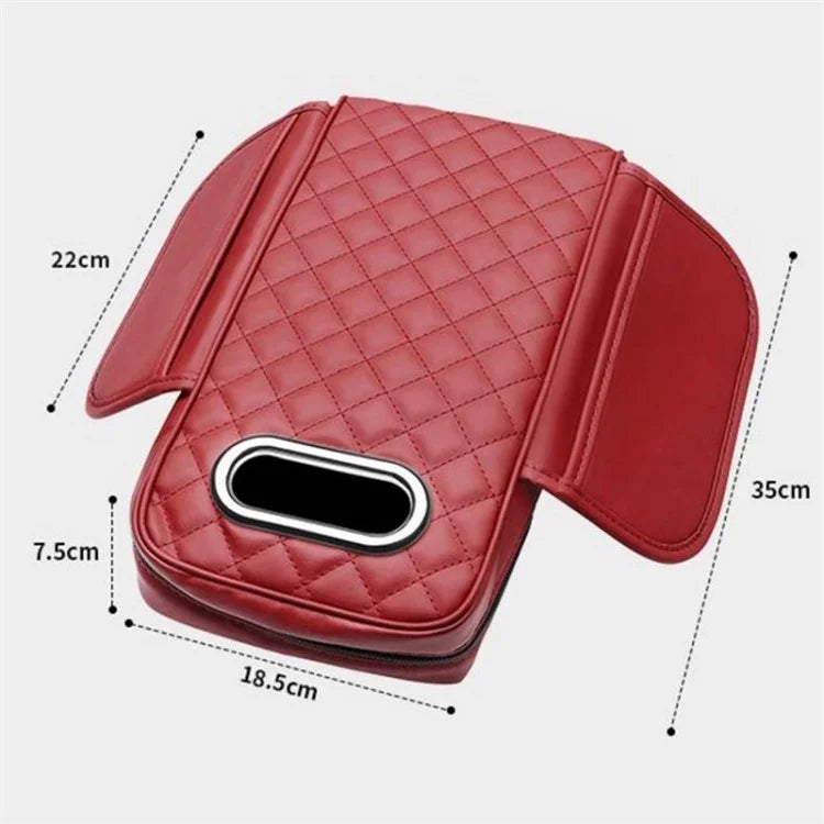 Car Armrest Box Cushion Pad PU Leather Tissue Holder Box with Side Pockets / Red