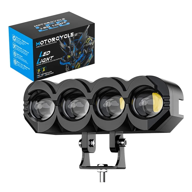 Motorcycle 4-LED Headlight Waterproof White+Yellow Light Motorbike Spotlight Front Lamp
