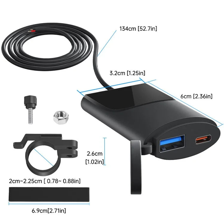 WUPP ZH-1927B1 Motorcycle Handlebar Phone Charger Ultra-Thin USB A+Type-C QC3.0 Charger