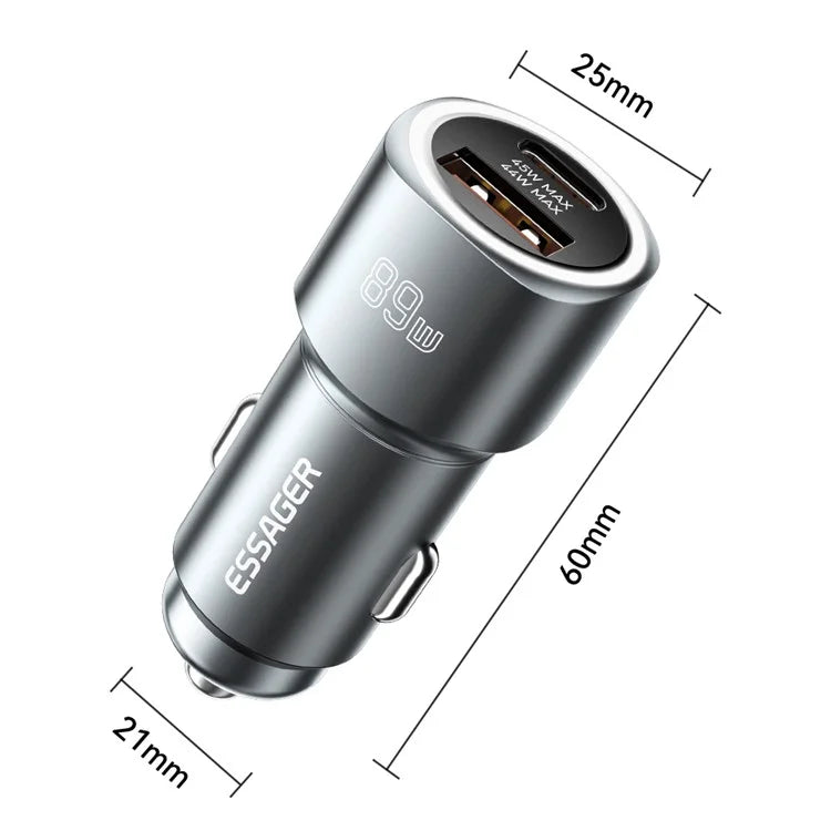 ESSAGER 89W Super Flash Charge USB+Type-C Car Charger Aluminum Alloy Adapter