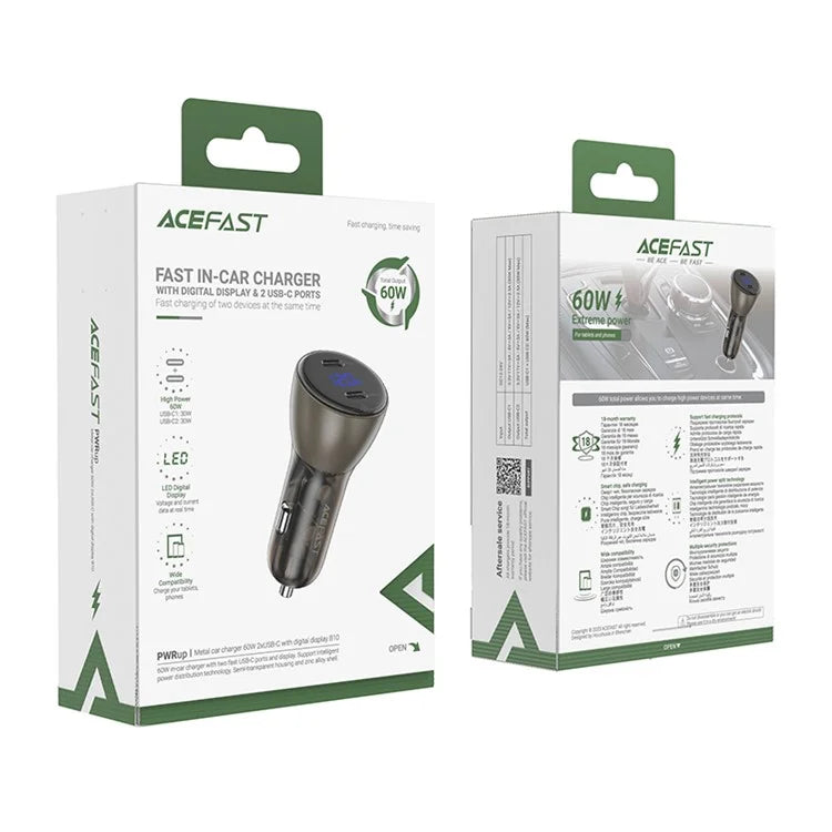 ACEFAST B10 PD 60W Dual Type-C Ports Fast Charging Charger Station Cigarette Lighter Car Charger