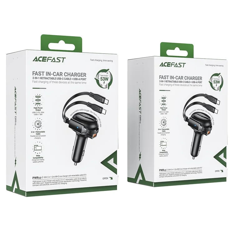 ACEFAST B13 53W USB Car Charger Adapter with 2 Type-C Retractable Charging Cable