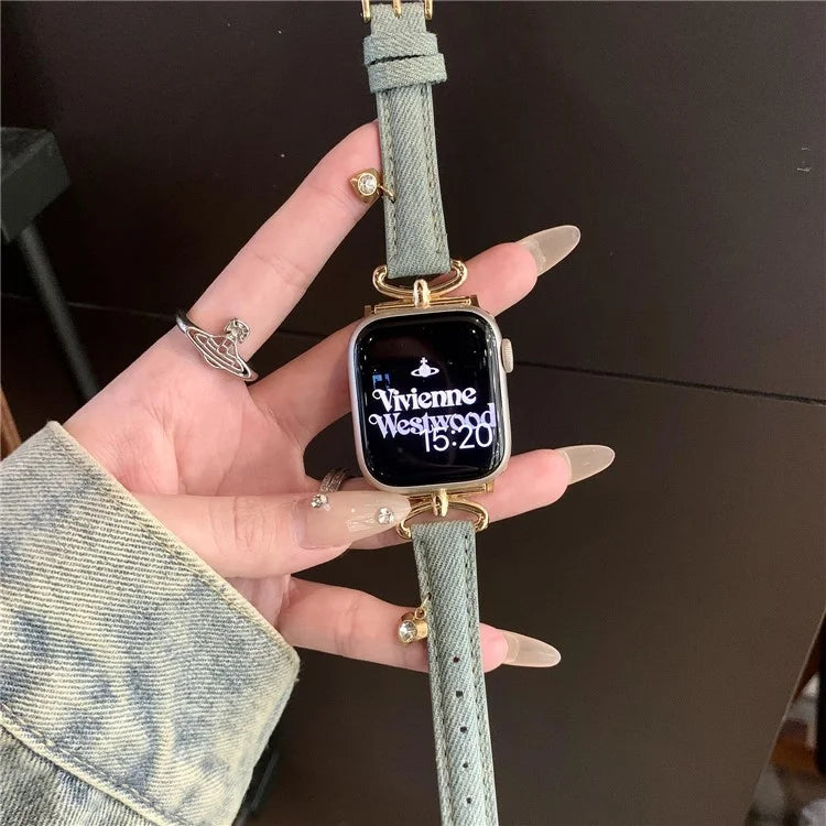For Apple Watch Series 10 42mm / 9 8 7 41mm / SE (2023) SE (2022) SE 6 5 4 40mm / 3 2 1 38mm Denim Cloth Band Heart Pendant Strap