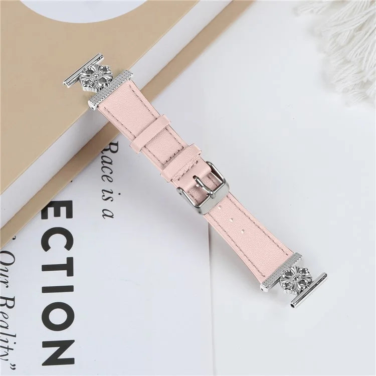 For Garmin Vivomove Luxe / Garminmove Luxe Watch Band Genuine Cow Leather Flower Decor Adjustable Strap