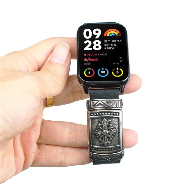 For Xiaomi Smart Band 8 Pro Watch Strap Embossment Design Retro PU Leather + Alloy Wrist Strap