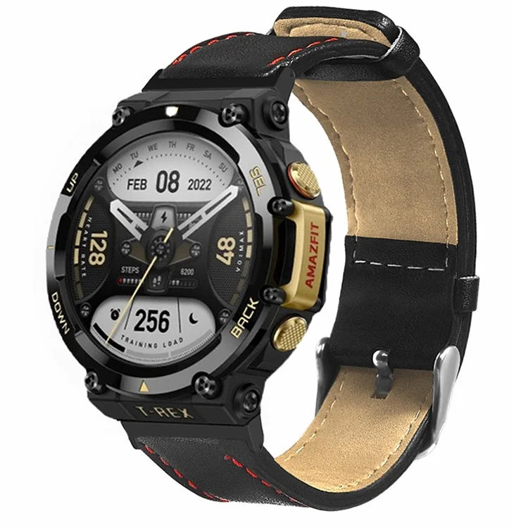For Huami Amazfit T-Rex 2 Watch Strap Red Stitching Lines Genuine Cow Leather Band Replacement