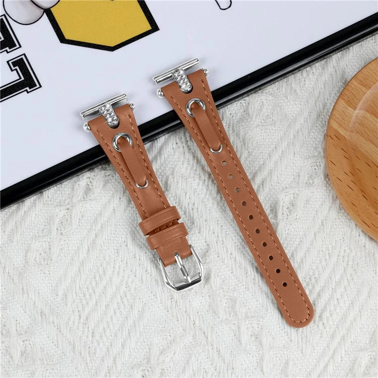 For Garmin Forerunner 245 / 245 Music Genuine Cow Leather Watchband Rhinestone Decor Strap (Silver Connector)