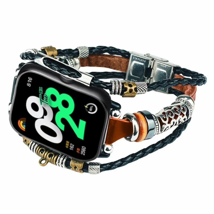 For Xiaomi Redmi Watch 4 Watch Band Ethnic Style Leather Braided Beaded DIY Bracelet