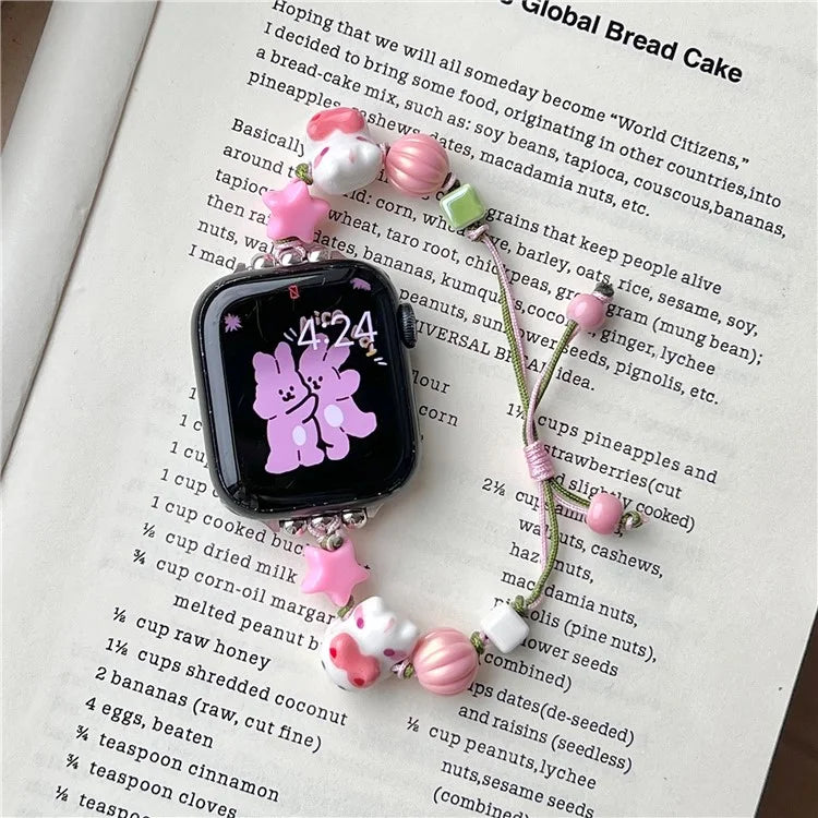 Cartoon Cat Ceramic Beads Strap for Apple Watch Series 9 8 7 41mm / 6 5 4 SE (2022) SE (2023) SE 40mm / 3 2 1 38mm Drawstring Bracelet