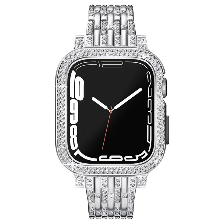 For Apple Watch Series 9 / 8 / 7 45mm Rhinestone Decor Metal Watch Band Integrated with Protective Case