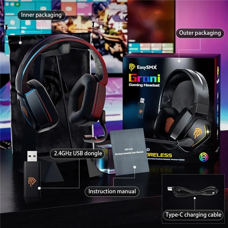 EASYSMX C07W Wireless Bluetooth Headphones with Microphone 2.4GHz USB Gaming Headset for PC, PS5, PS4