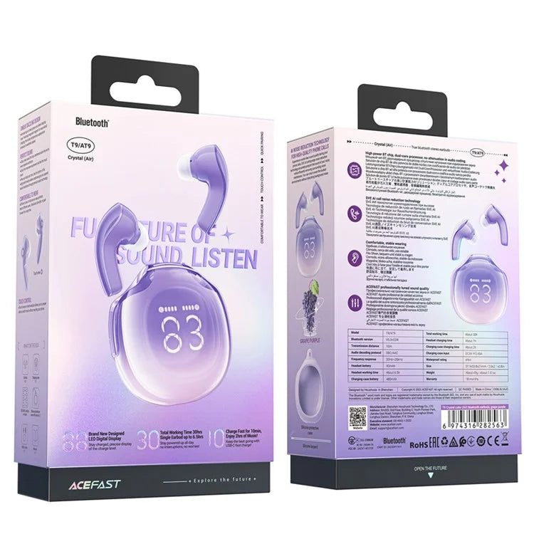 ACEFAST T9 AT9 Crystal Color (Air) Wireless Bluetooth Earbuds Noise Canceling Earphone with Digital Display Charging Case