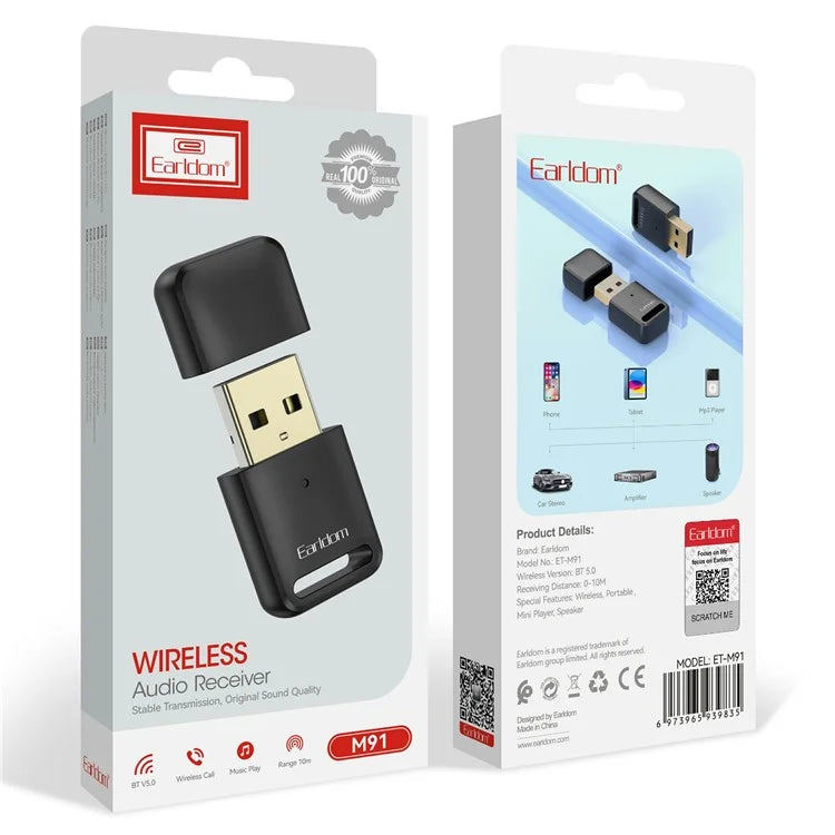 EARLDOM M91 USB Computer Bluetooth 5.0 Receiver Adapter for Mouse, Keyboard, Speaker