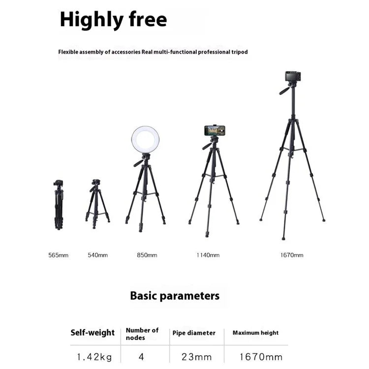 ZOMEI M1 Tripod Camera Bracket Center Axis Horizontal Mobile Phone Live Streaming Stand 4-Section Telescopic Stand, Black
