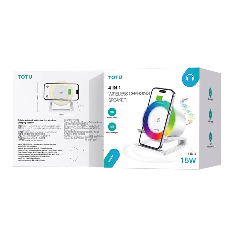 TOTU M6064Q 4 in 1 15W Wireless Charger Phone Holder Bluetooth Speaker with Night Light