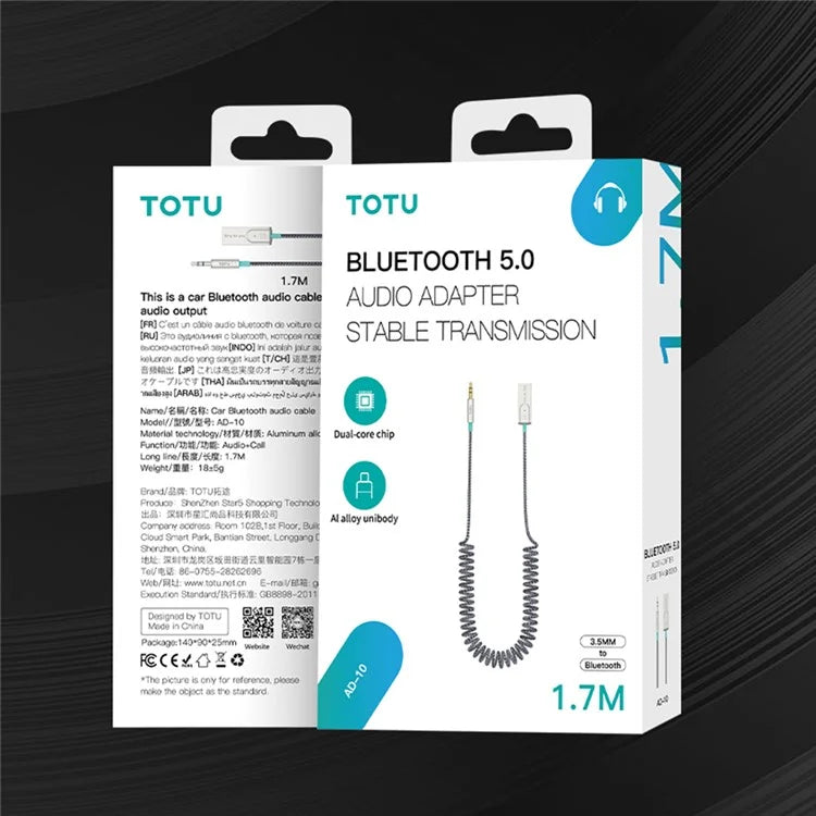 TOTU AD-10 1.7m Car AUX 3.5mm Bluetooth 5.0 Wireless Adapter Audio Cable