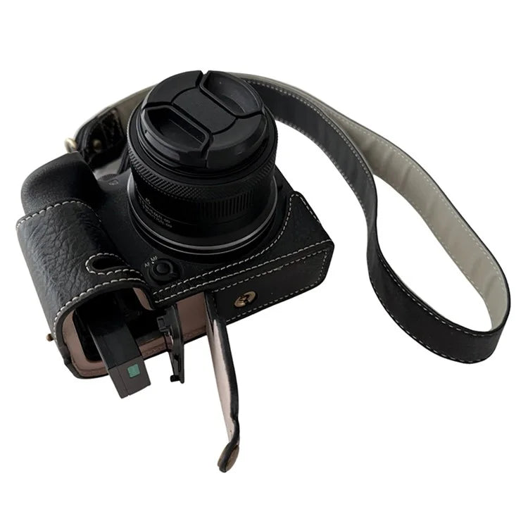 For Canon EOS R10 Buffalo Texture PU Leather Bottom Case Half Body Camera Cover with Shoulder Strap