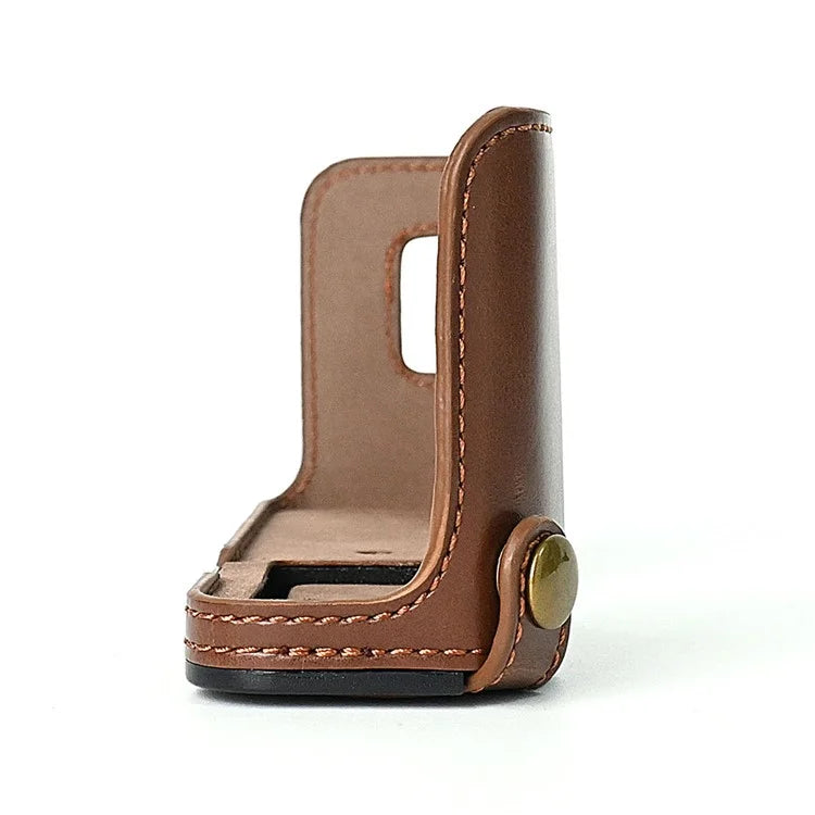 For Fuji X100V Bottom Case Battery Opening Design PU Leather Camera Half Body Cover + Wrist Strap