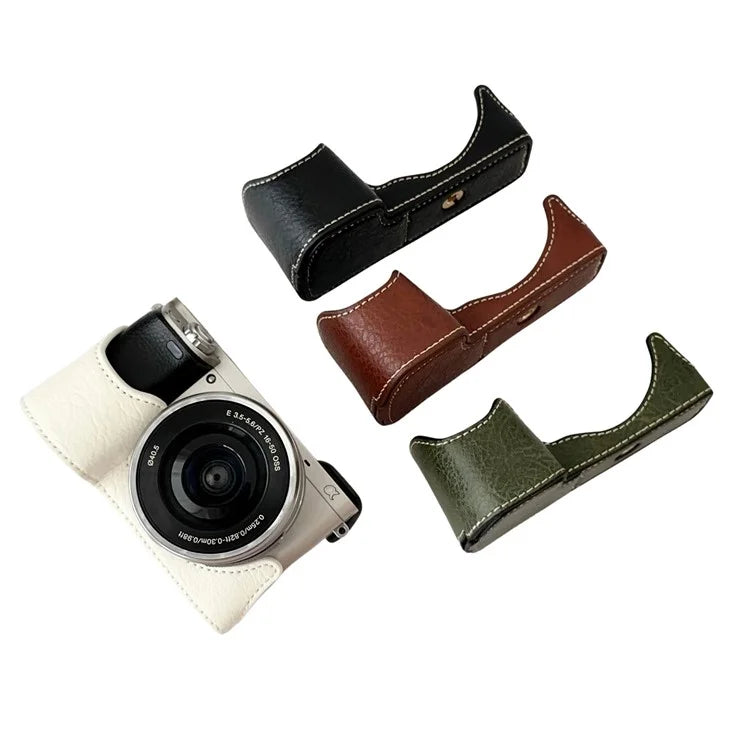 For Sony A6400 / A6300 / A6100 / A6000 PU Leather Camera Bottom Cover Screw Hole Half Body Case
