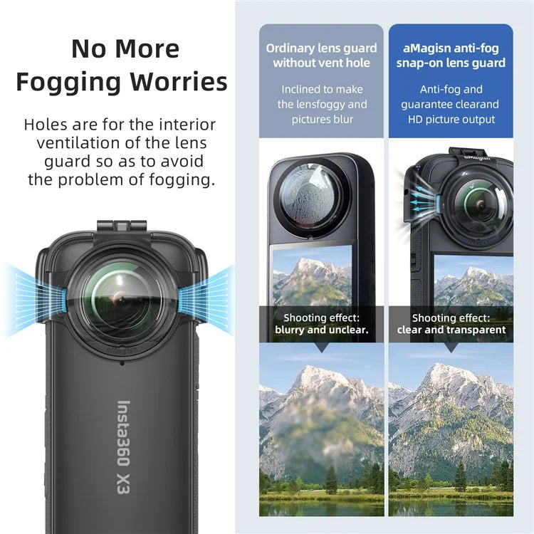 AMAGISN For Insta360 X3 Glass Anti-Fog Lens Guard Set with Silicone Lens Cap, Camera Case