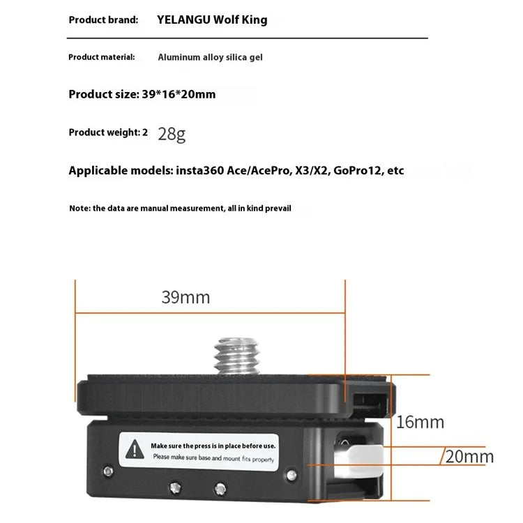 YELANGU ACE02 For Insta360 Ace Pro / Ace Magnetic Quick Release Base Aluminum Alloy Camera Adapter
